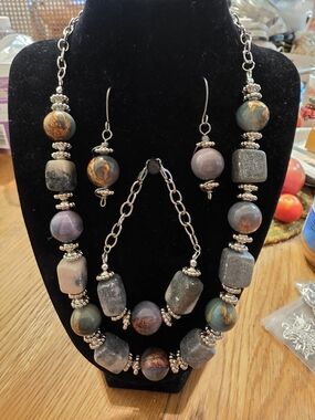 Handmade Multicolor Stone Necklace Set - Purple, Gray, Teal